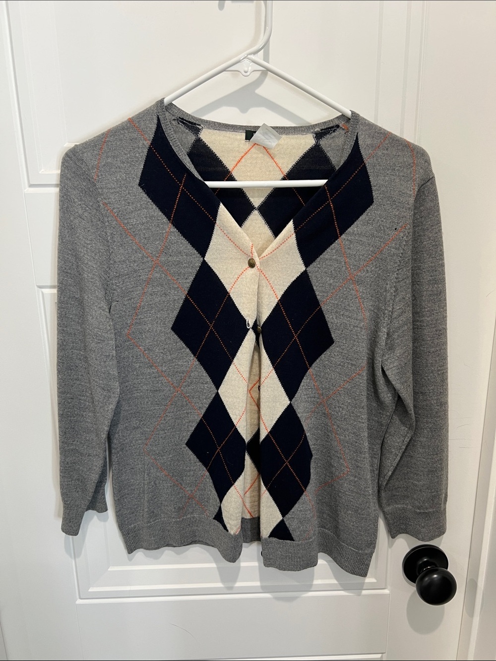 J. Crew Gray Argyle V-Neck Cardigan with Navy & Cream